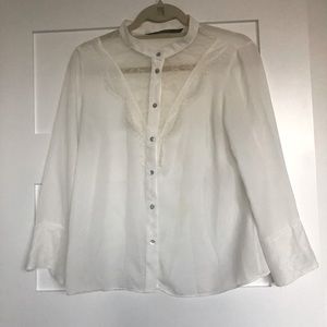 ZARA White Button Down Top with Lace Detail Small